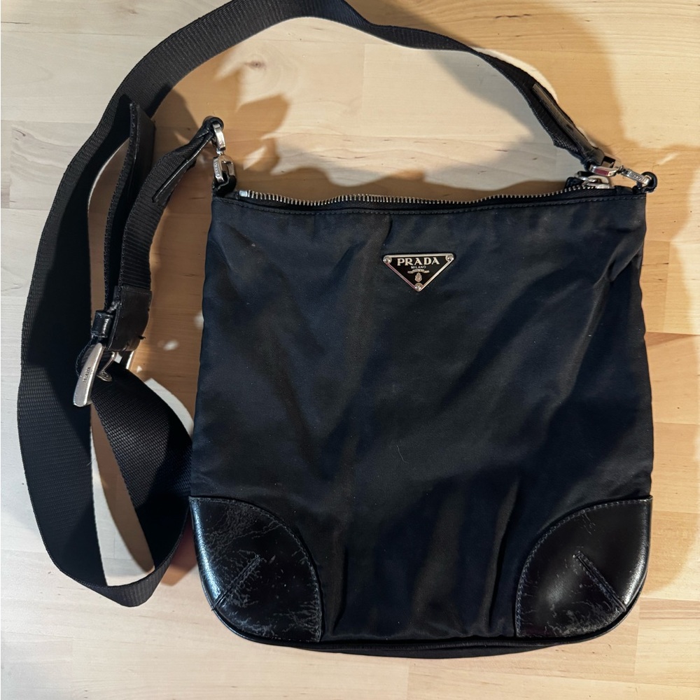Prada Vitello Daino Trim Tessuto Black Adjustable Crossbody Bag